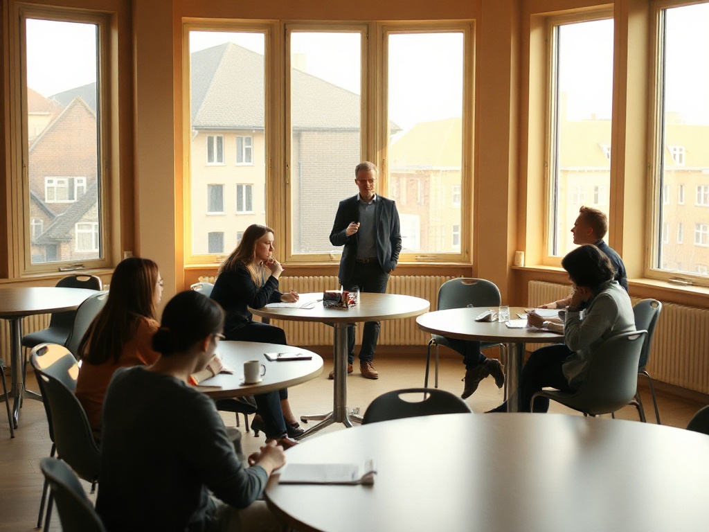 Warm workshop interior in Leusden, circular tables, soft daylight through tall windows, participants writing in notebooks, three mentors gesturing, calm collaborative atmosphere, balanced composition.