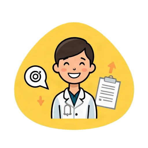 Carefully describe an image that visualizes "marketing boost" and "personal guidance" and "practical support" by showing a single central icon of a smiling therapist/coach figure with a speech bubble connected to a small map/target symbol, plus two minima