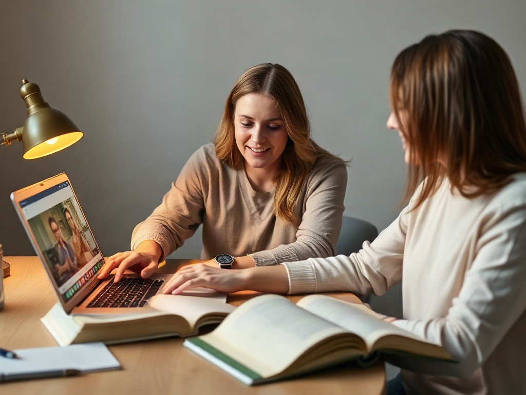 A calm coach guiding a wellness practitioner via laptop, split-screen video chat glow, neatly organized workbook pages, warm desk lamp, supportive atmosphere.