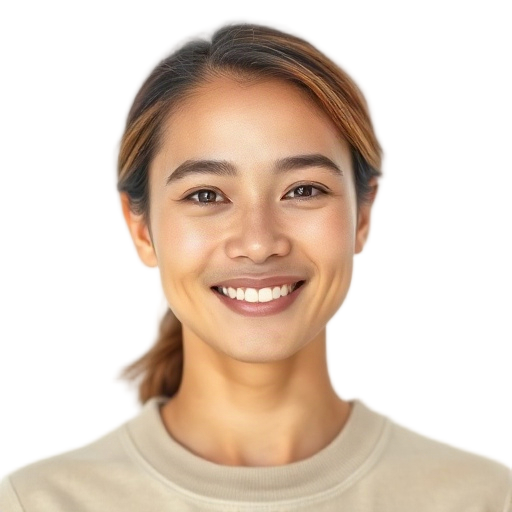 A person smiling to the camera with a white background looking like