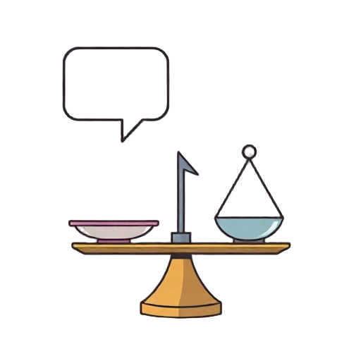 Carefully describe an image in great detail that needs to be generate, use quotes to split visual things, "two speech bubbles" "food plate" "calm balance scale" "path arrow"