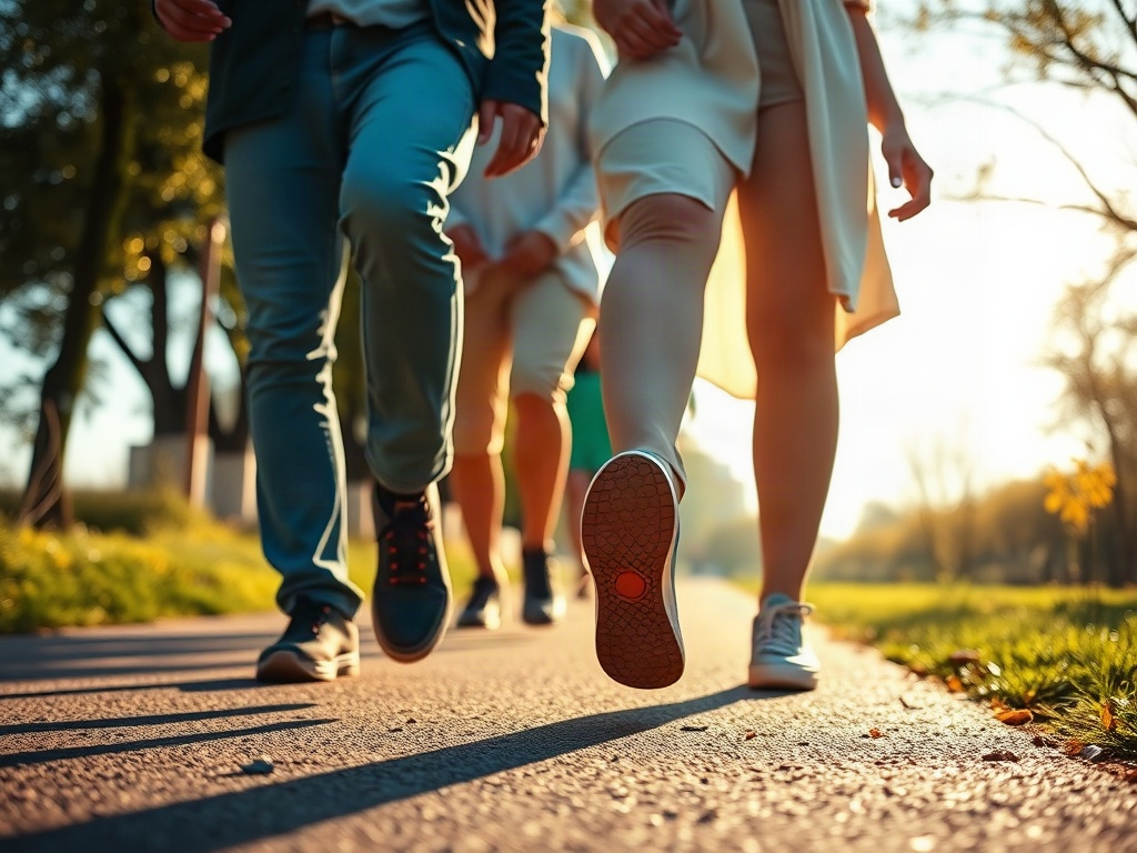 "Photo-realistic scene of diverse adults walking confidently on a sunlit path, close-up of stable healthy feet and supportive arch, warm teal lighting, medical-smooth calm mood"