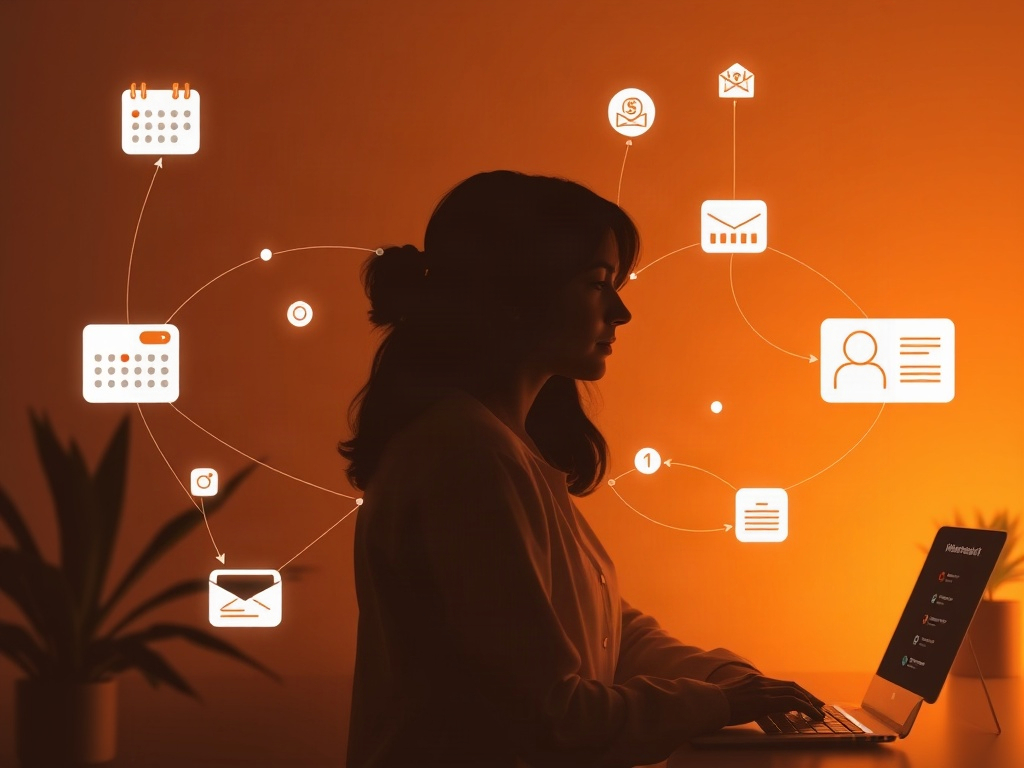 "Warm, modern workspace with a flowing network of soft lines connecting calendar, inbox, documents, and money icons; calm female entrepreneur silhouette; subtle glowing dashboard"