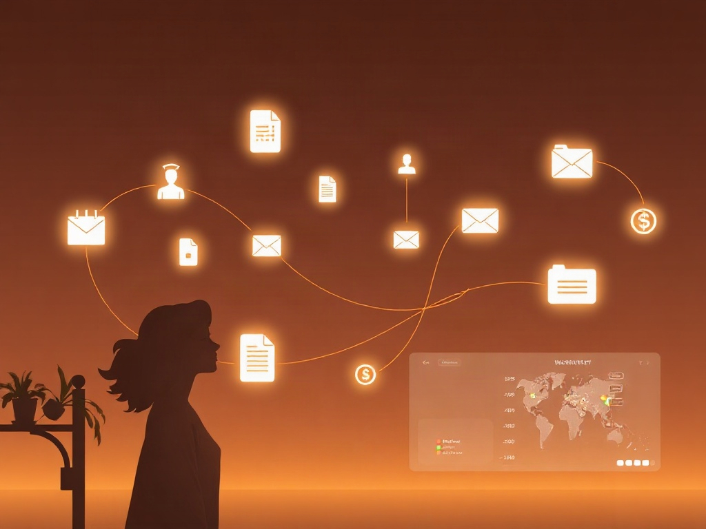 "Warm, modern workspace with a flowing network of soft lines connecting calendar, inbox, documents, and money icons; calm female entrepreneur silhouette; subtle glowing dashboard"