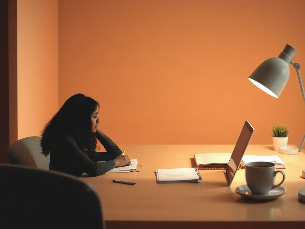 A warm modern desk scene with three subtle portrait silhouettes, floating checkmarks and organized notes, calm confident women energy, soft coffee steam, minimal abstract growth path.