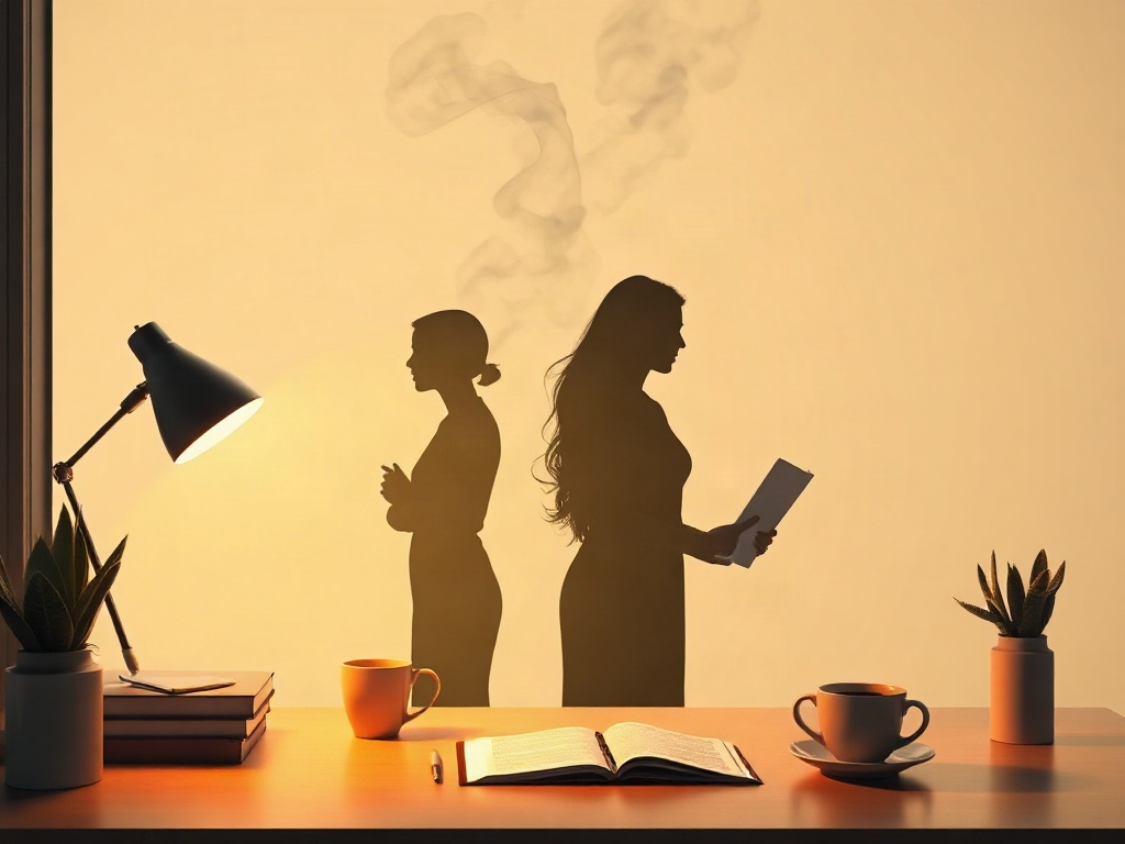 A warm modern desk scene with three subtle portrait silhouettes, floating checkmarks and organized notes, calm confident women energy, soft coffee steam, minimal abstract growth path.