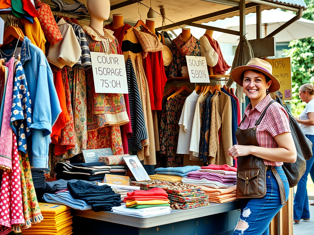 Vrouw met hoed bij kleurrijke kledingkraam op markt.