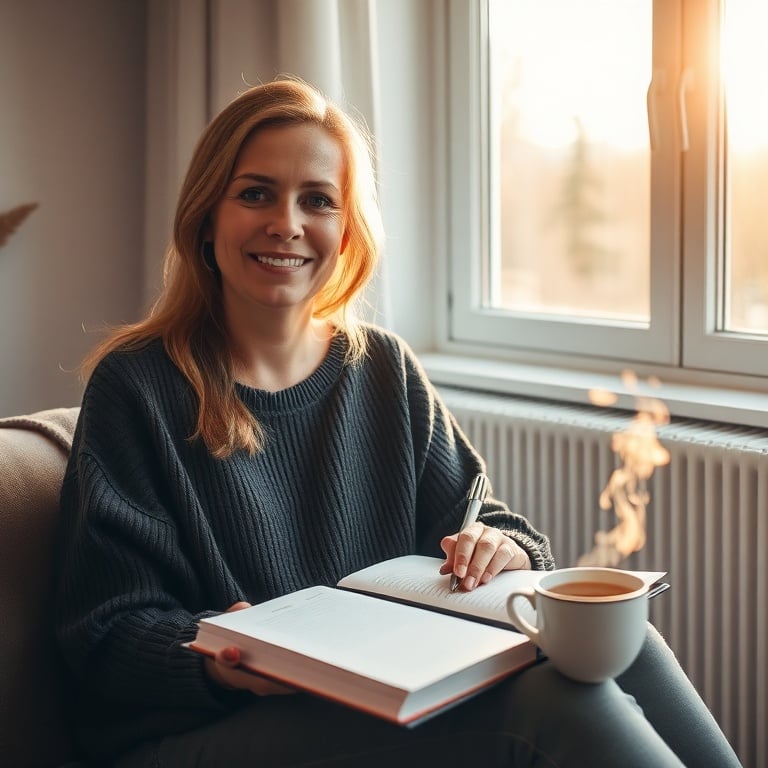 "female coach in cozy minimalist room" "soft morning light through large window" "open journal, pen, steaming tea" "calm confident expression" "warm neutral color palette"