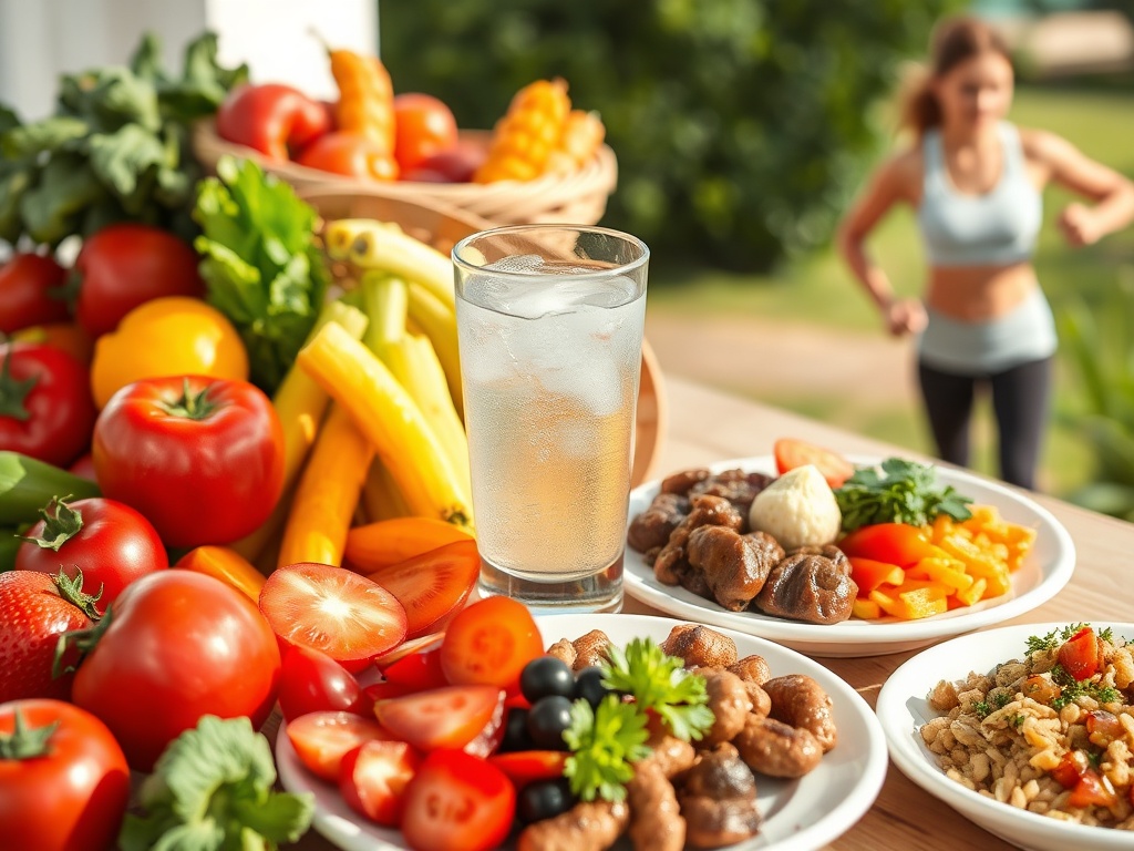 "a vibrant, healthy lifestyle concept" "colorful fruits and vegetables" "a glass of water with condensation" "protein-rich meals on plates" "person exercising outdoors" "balanced carbohydrate foods" "bright, uplifting natural light"