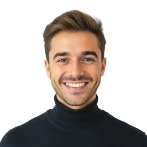 A person smiling to the camera with a white background looking like