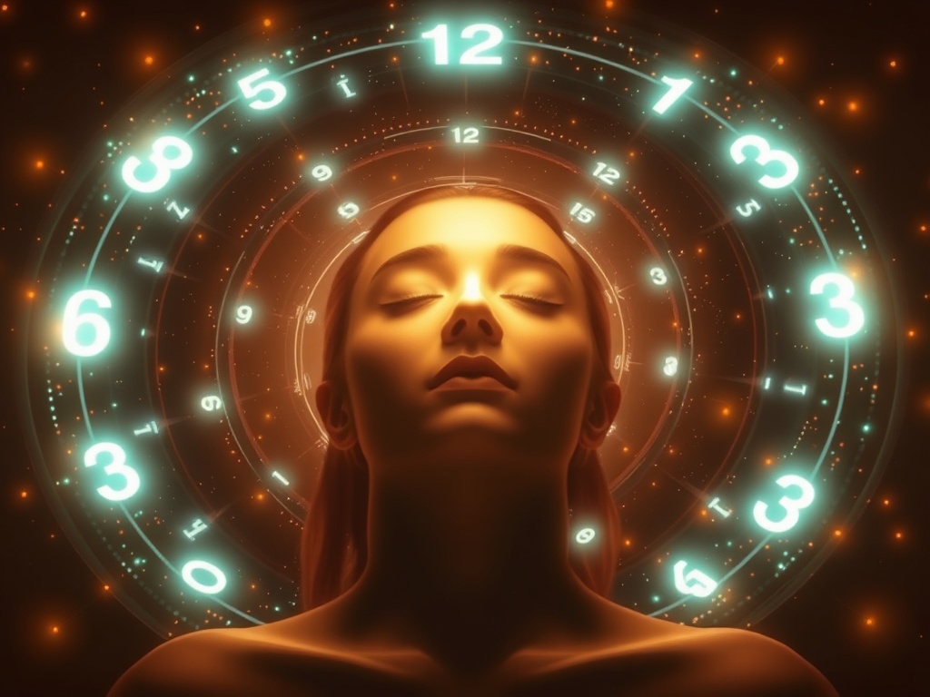 "A serene figure gazing inward, luminous number symbols orbiting softly, warm earthy tones, spiraling light trails tracing a calm path, dreamlike numerology ambiance."