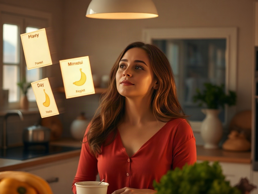 A woman in soft warm light looking mindful, five floating glowing day-cards, gentle stomach-bloat symbols, healthy foods; calm kitchen.