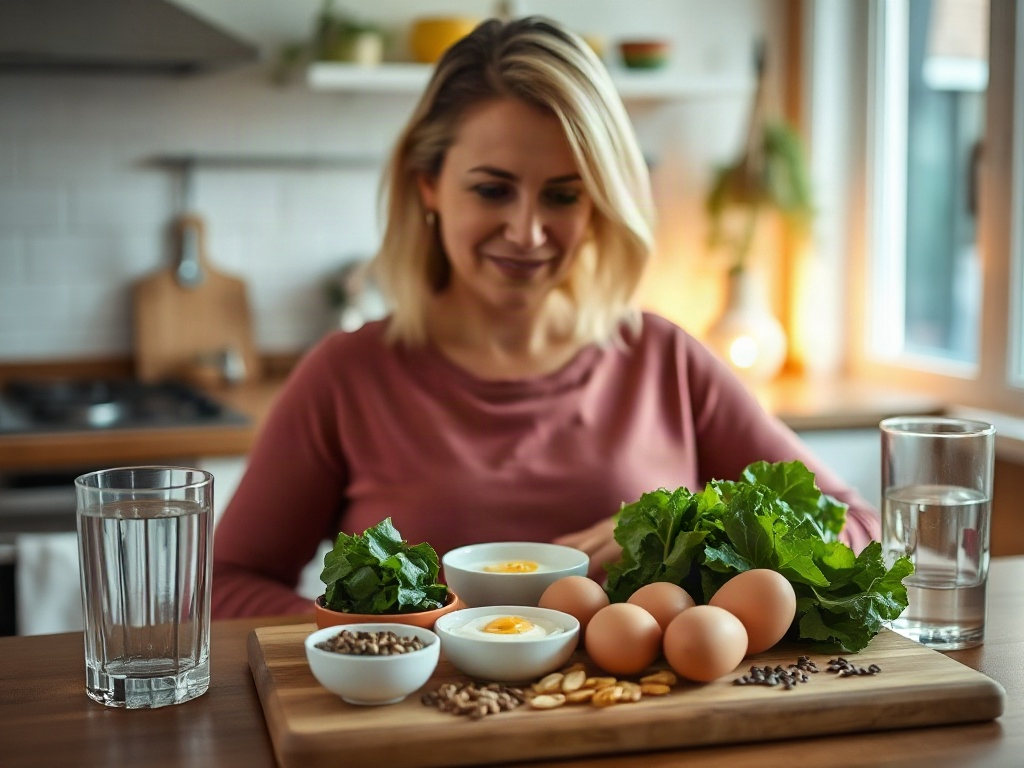 A calm 40–50 woman at a kitchen table, warm lighting, meal prep board with eggs, spinach, yogurt, seeds, nuts, water glass, soft stomach-focus glow, serene mood.