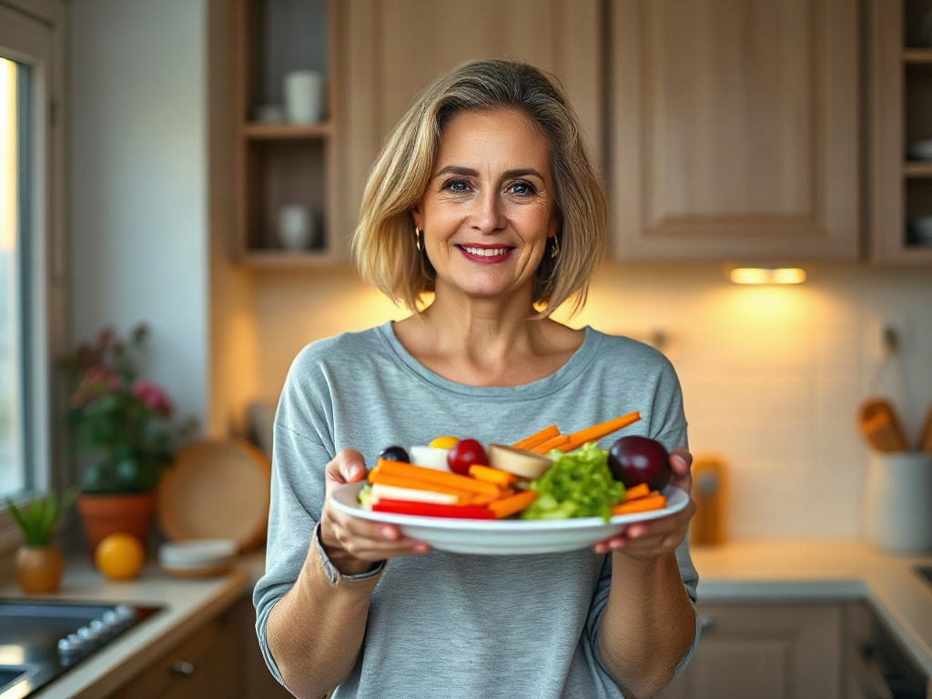 A calm woman 40-55 holding a plate of colorful foods, gentle sunrise backdrop, subtle moonrise aura for transition, cozy kitchen, soft warm lighting.