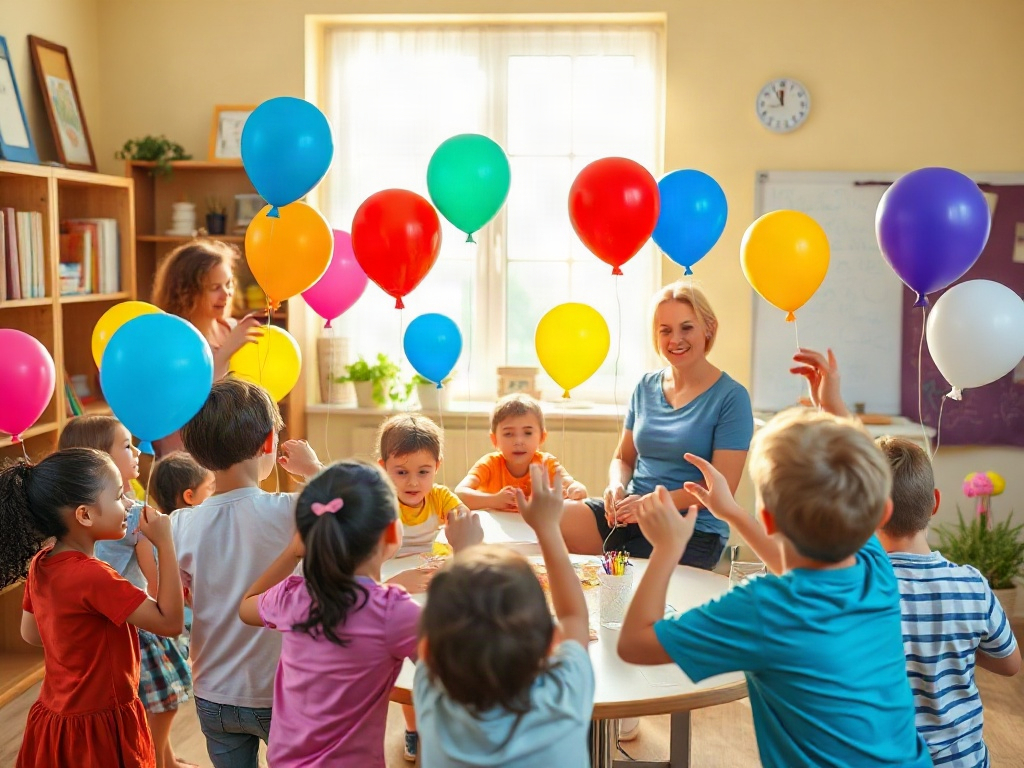 A joyful classroom scene with children holding colorful French words flashcards shaped like balloons, warm sunlight, diverse learners, friendly teacher guiding playful language games, no text.