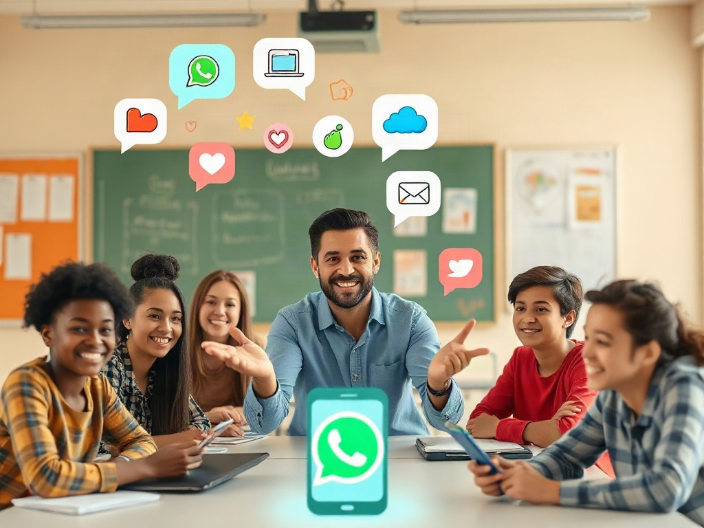 "Warm modern classroom scene with diverse learners smiling; floating chat bubbles and colorful language icons; interactive teacher pointing to playful activities; WhatsApp-like phone silhouette glow; inviting atmosphere"