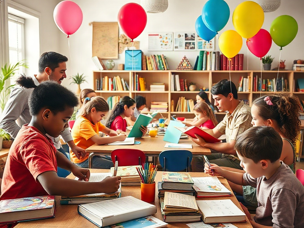 "A bright classroom wonderland with playful kids, teens, and adults learning together, colorful books and cards, balloons, motion, warm smiles, inclusive atmosphere, soft daylight." " "