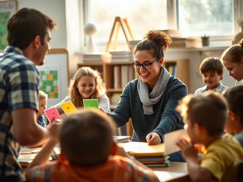 "Bright classroom scene with children and adults learning French, colorful playful flashcards, smiling teacher, gentle motion, warm sunlight, books and musical notes floating, diverse ages, cozy atmosphere"