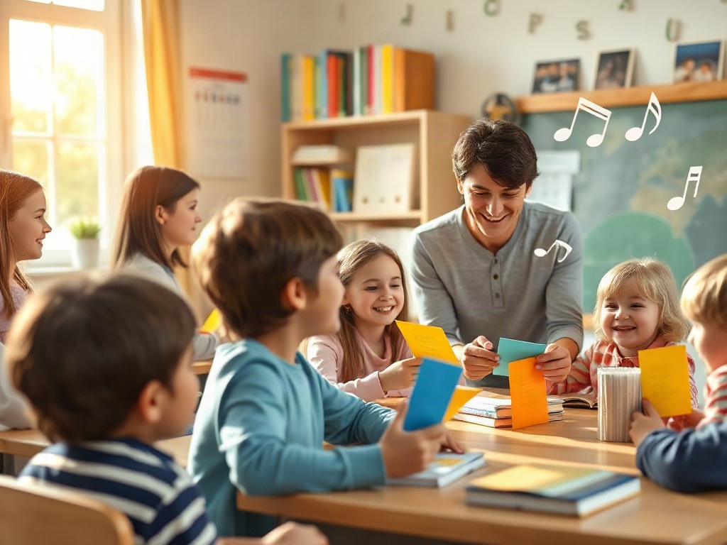 "Bright classroom scene with children and adults learning French, colorful playful flashcards, smiling teacher, gentle motion, warm sunlight, books and musical notes floating, diverse ages, cozy atmosphere"