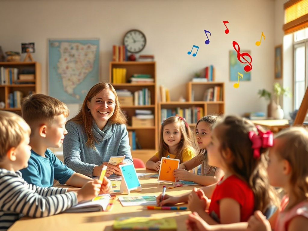 "Bright classroom scene with children and adults learning French, colorful playful flashcards, smiling teacher, gentle motion, warm sunlight, books and musical notes floating, diverse ages, cozy atmosphere"