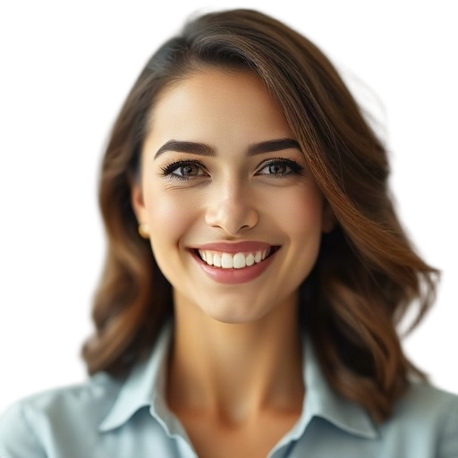 A smiling beauty entrepreneur speaking with confidence, subtle chart-and-plan iconography in bokeh, white background, natural light, professional demeanor looking like