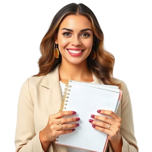 A confident smiling beauty entrepreneur holding a neatly organized planner, subtle skincare makeup, elegant jewelry details, white background, warm professional light, ultra-realistic.