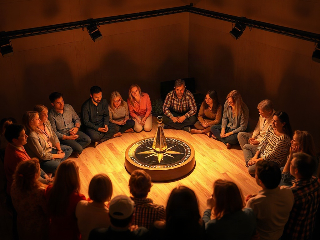 A warm, modern event scene with diverse people forming a gentle circle around a glowing compass, symbolizing insight and self-connection, soft ambient light, calm atmosphere.