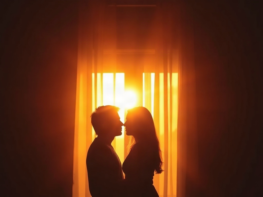 Warm, intimate scene of two silhouettes facing each other, soft golden light, subtle intersecting lines like energy pathways, calm emotional safety, cozy atmosphere." "You MUST not include ANY brand images or logos. You may ONLY reply with the format give