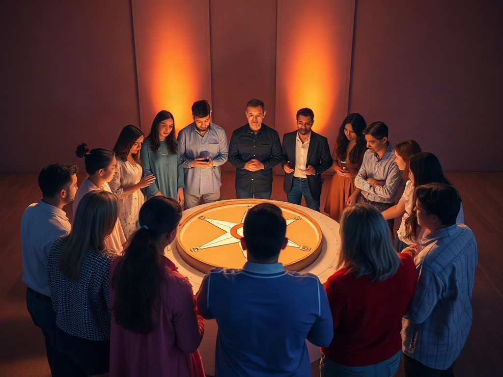 A warm, modern event scene with diverse people forming a gentle circle around a glowing compass, symbolizing insight and self-connection, soft ambient light, calm atmosphere.