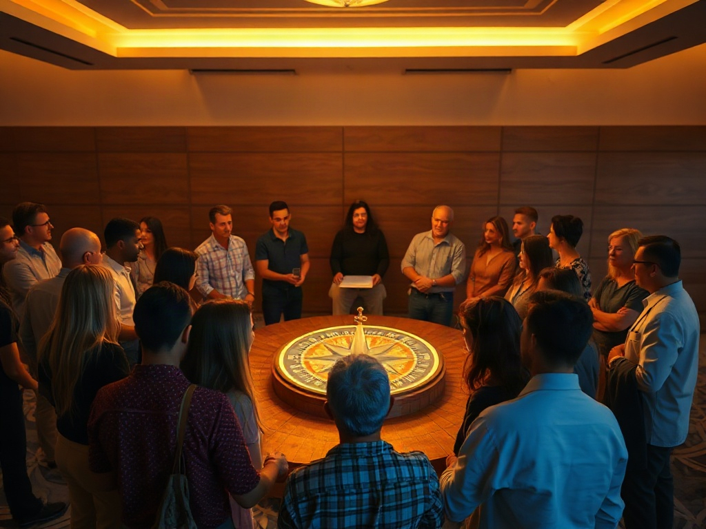 A warm, modern event scene with diverse people forming a gentle circle around a glowing compass, symbolizing insight and self-connection, soft ambient light, calm atmosphere.