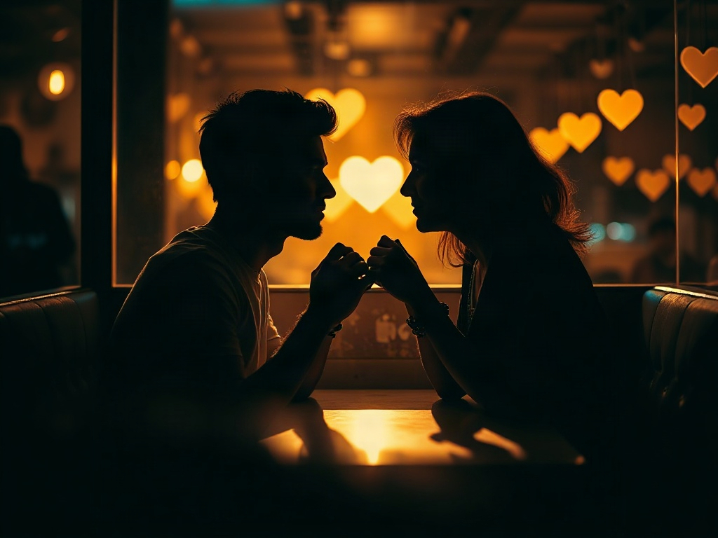 Warm couple silhouettes sharing a quiet café booth, soft golden light, subtle hearts in light bokeh, supportive hands, calm confident mood, realistic photo style.