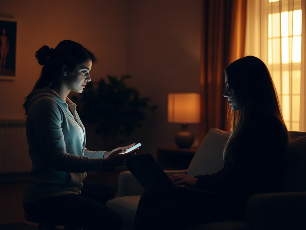 "warm softly lit room" "trainer silhouette with gentle guidance" "couple seated facing each other" "open laptop glow" "calm intimate atmosphere"