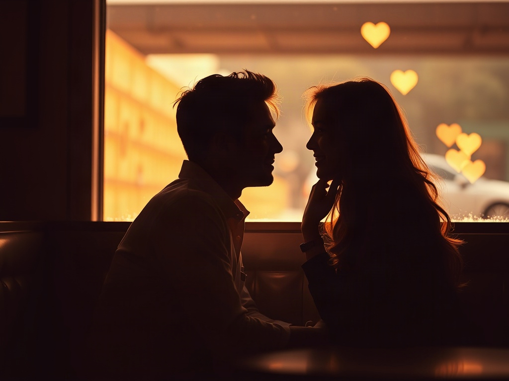Warm couple silhouettes sharing a quiet café booth, soft golden light, subtle hearts in light bokeh, supportive hands, calm confident mood, realistic photo style.