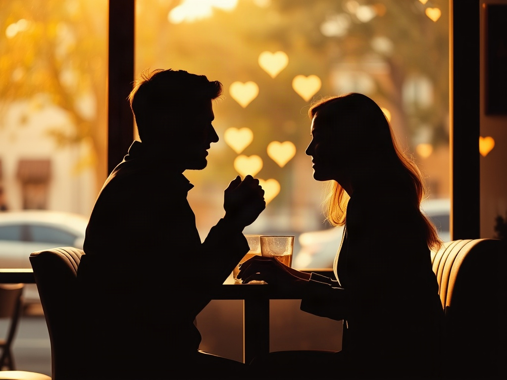 Warm couple silhouettes sharing a quiet café booth, soft golden light, subtle hearts in light bokeh, supportive hands, calm confident mood, realistic photo style.