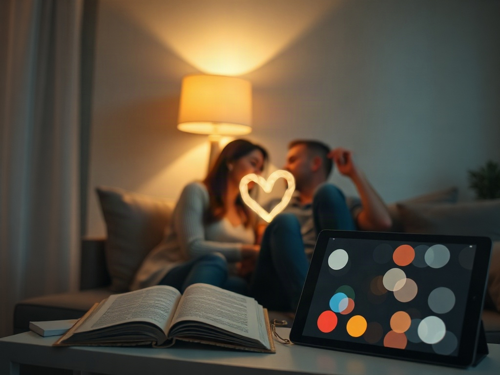 A warm, quiet living room scene with a couple sitting close on a sofa, soft lamp light, subtle heart-shaped light glow, open journal, calm atmosphere, digital tablet showing abstract circles." "You MUST not include ANY brand images or logos. You may ONLY 