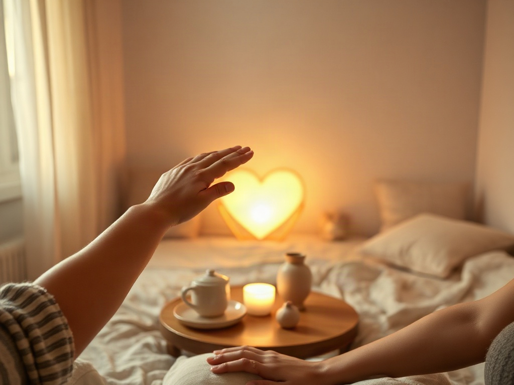 Warm bedroom setting with two hands reaching across a small table of calming objects, soft morning light, subtle heart-shaped glow, minimalist online-course vibe, couple intimacy, serene colors. " "You MUST not include ANY brand images or logos. You may O