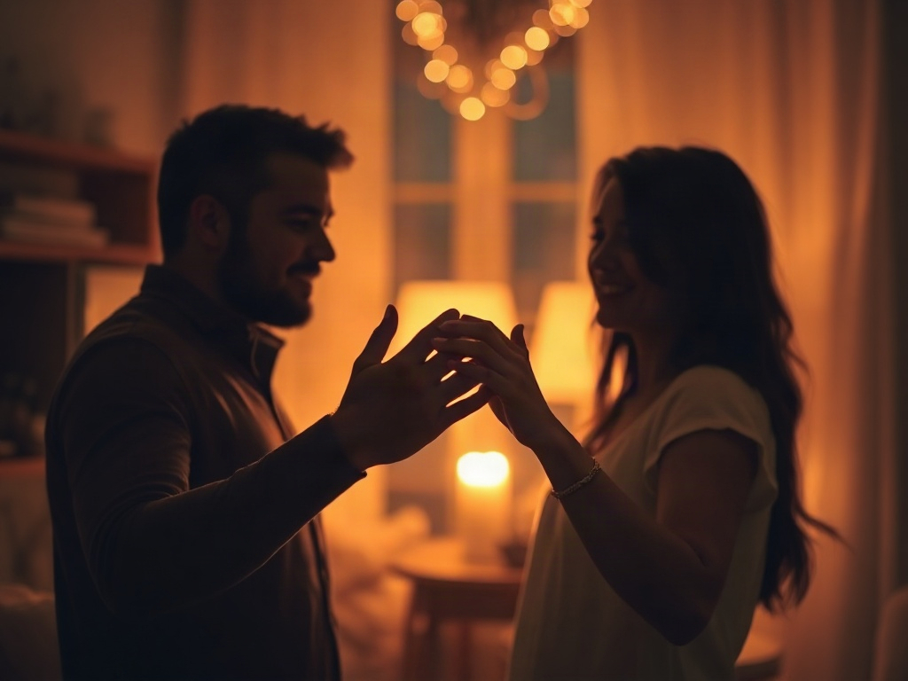 Two hands gently holding near warm candlelight, soft home interior, subtle heart-shaped light bokeh, diverse couple silhouettes smiling, calm supportive mood, documentary photo style, high detail, no text.