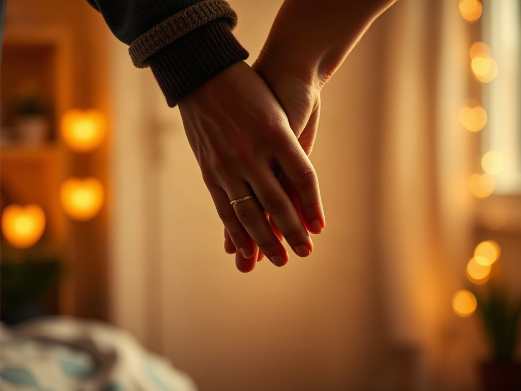 A warm, intimate scene of two hands interlaced, soft glowing light between them, subtle hearts-shaped bokeh, calm home background, hopeful atmosphere. You MUST not include ANY brand images or logos. You may ONLY reply with the format given. If you do NOT 
