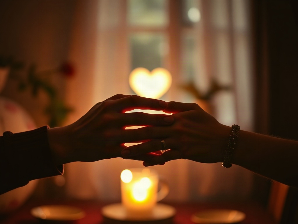 Two hands gently holding near warm candlelight, soft home interior, subtle heart-shaped light bokeh, diverse couple silhouettes smiling, calm supportive mood, documentary photo style, high detail, no text.