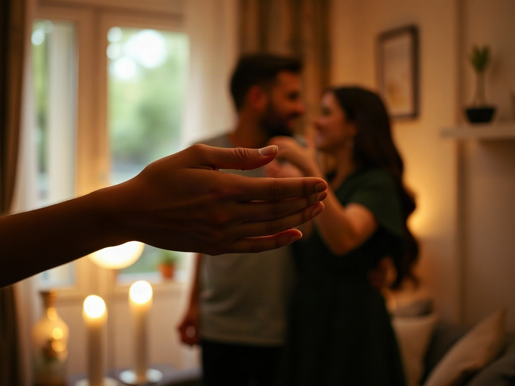 Two hands gently holding near warm candlelight, soft home interior, subtle heart-shaped light bokeh, diverse couple silhouettes smiling, calm supportive mood, documentary photo style, high detail, no text.