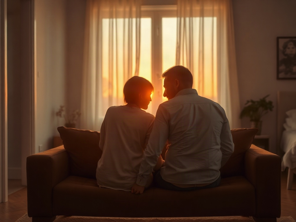 A warm, intimate scene of a couple sitting close on a couch, soft sunrise light, calm bedroom background, subtle pathway leading forward, inviting focus.