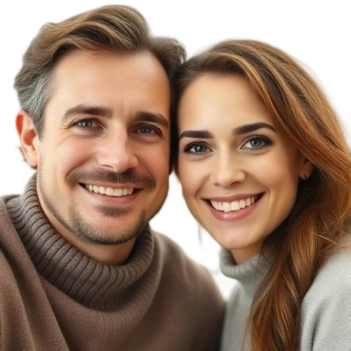 A smiling couple member looking at camera, warm supportive expression, soft natural light, calm mood, white background looking like