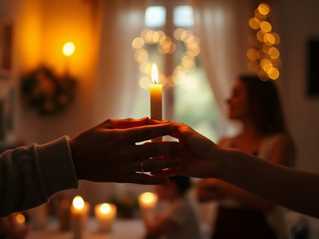 Two hands gently holding near warm candlelight, soft home interior, subtle heart-shaped light bokeh, diverse couple silhouettes smiling, calm supportive mood, documentary photo style, high detail, no text.