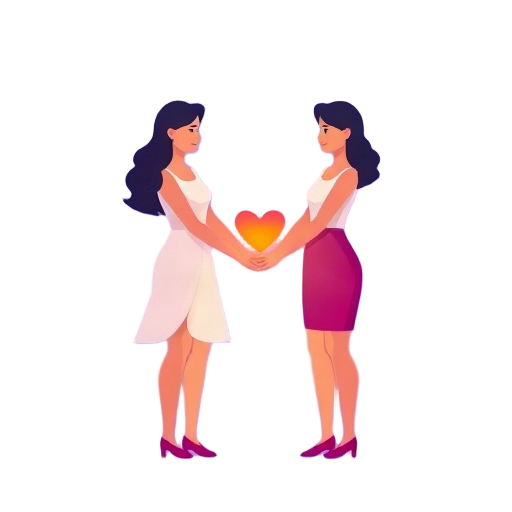 Carefully describe an image in great detail that needs to be generate, use quotes to split visual things. "Women figures" "interlocking hands" "heart light" "spark icons" "support circle"