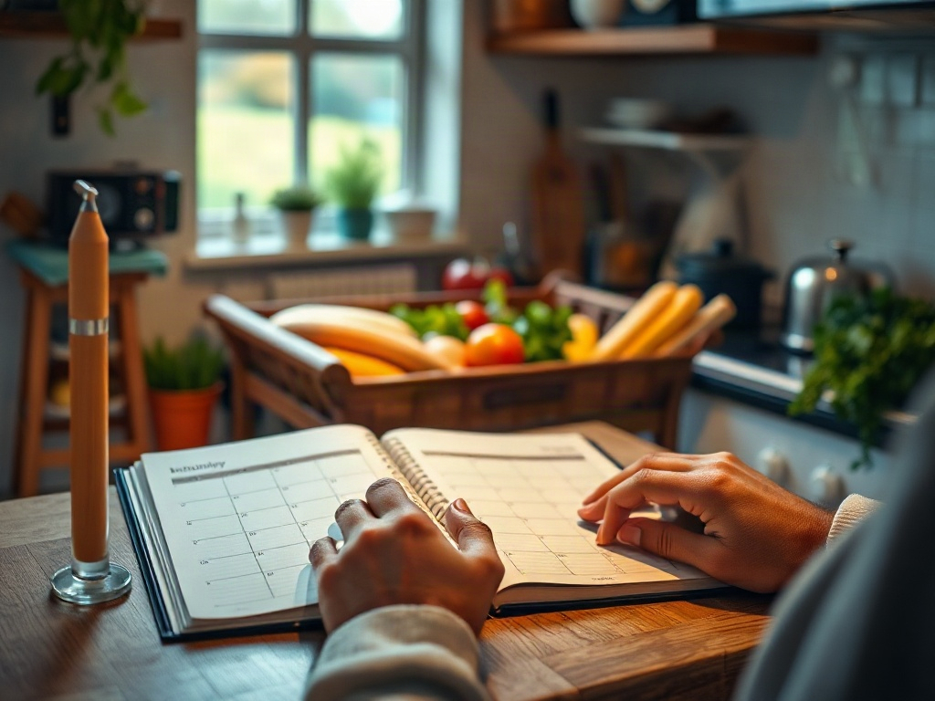 Cozy kitchen scene with open planner and neatly sorted grocery items, a glowing monthly ledger overlaid as visual metaphor, calm warm lighting, focused hands preventing waste"
