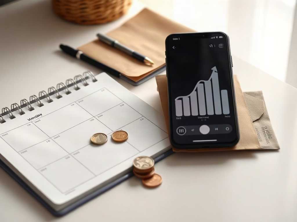 "A calm home desk with an open weekly planner, coins and envelopes, a smartphone showing budgeting bars, soft morning light, subtle upward savings arrow, serene atmosphere"