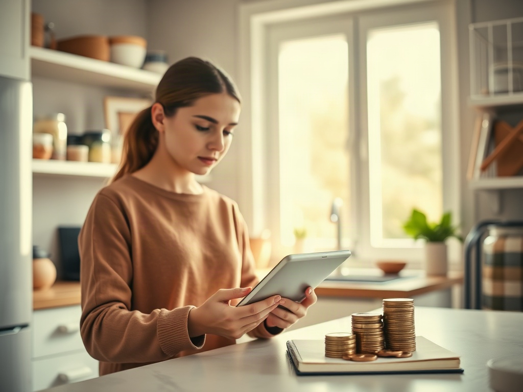 "Warm modern kitchen scene, calm person planning groceries on a tablet, organized pantry shelves, soft natural light, subtle savings theme through coins near budgeting notebook, peaceful mood, no logos"
