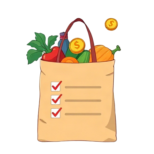 Carefully describe an image in great detail that needs to be generate, use quotes to split visual things. " " " "Grocery bag" "money coins" "calm checklist" "