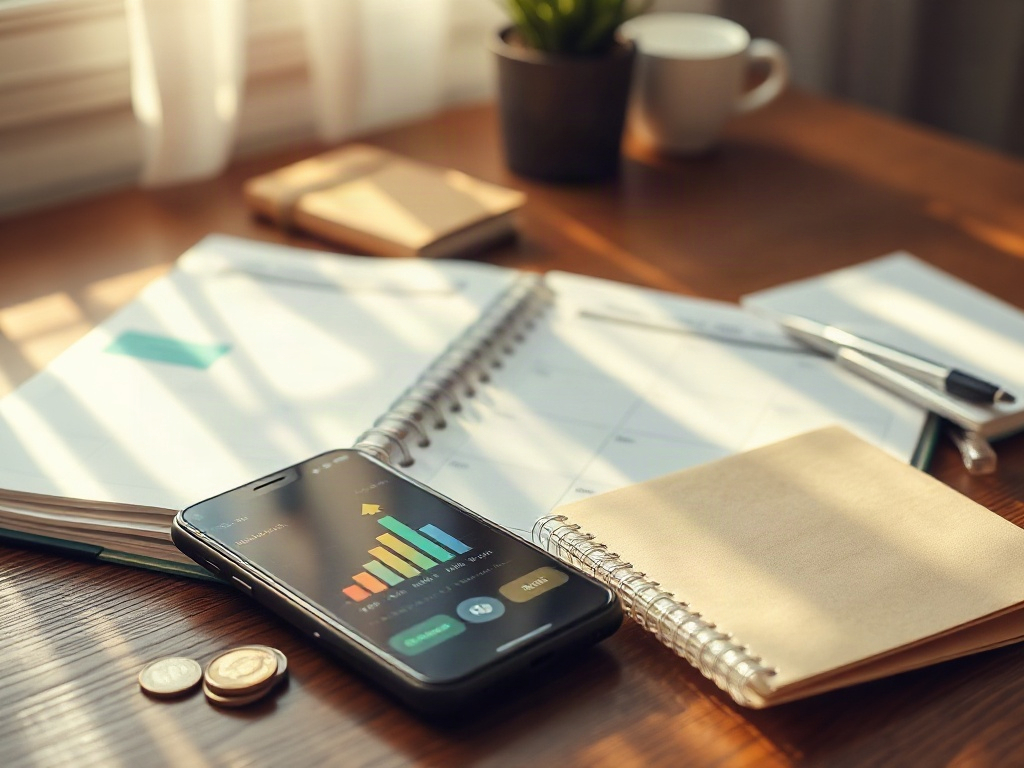 "A calm home desk with an open weekly planner, coins and envelopes, a smartphone showing budgeting bars, soft morning light, subtle upward savings arrow, serene atmosphere"
