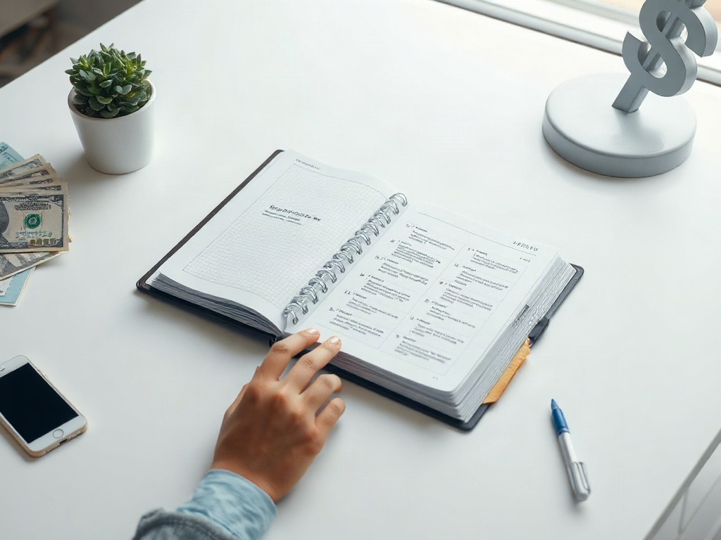 "Bright modern desk scene with open workbook, neatly arranged bills and smartphone, subtle leaking money stream symbol, hopeful focused person, clean minimalist colors, dynamic lighting."